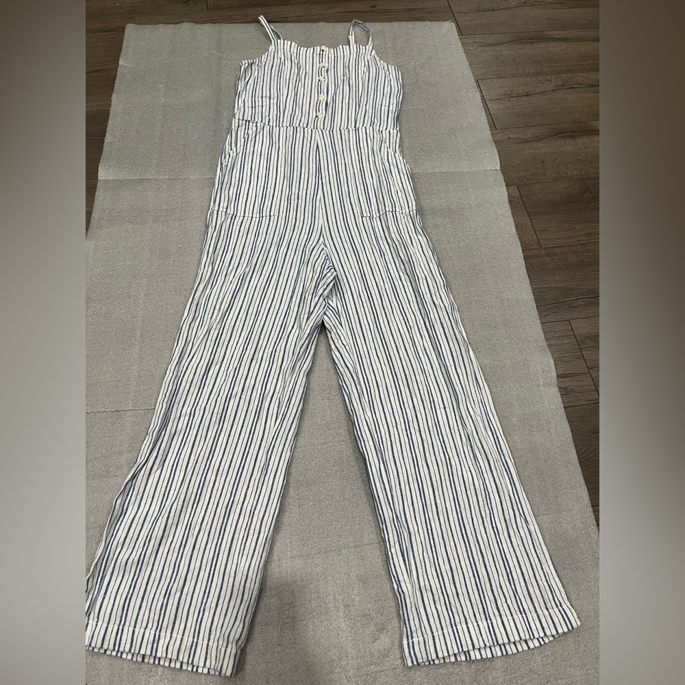 Old Navy Blue and White Striped Linen-Blend Jumpsuit - Picture 3 of 10